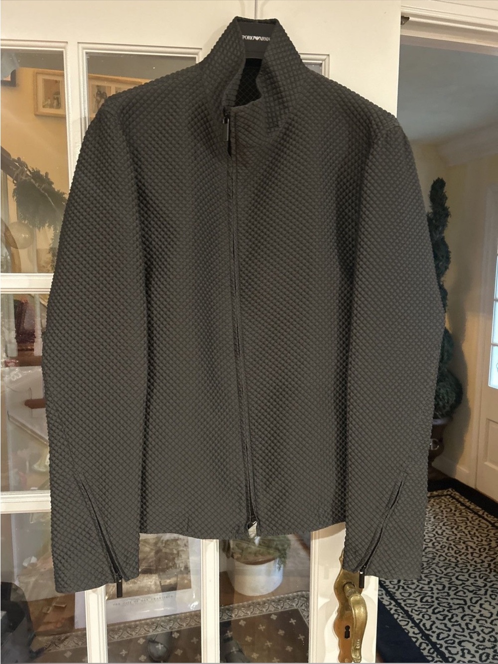 AW2011 Emporio Armani Samurai Asymmetrical Textured Diamond Mesh Gray Jacket
